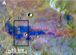 Залежи хлоридов на Марсе. Темносиним показаны места залегания хлоридов. Владелец изображения: NASA. (кликните картинку для увеличения)