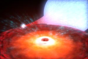 Самая легкая известная черная дыра из системы XTE J1650-500. Скученный материал из звездного спутника свободно разрушается и высвобождает рентгеновсие лучи (светлое пятно) перед тем как захватывается увеличивающимся диском черной дыры. Владелец рисунка: NASA/CXC/A. (кликните картинку для увеличения)