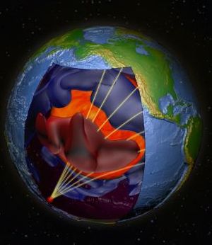 Космический снимок над Тихим океаном изображает в разрезе аномальную гетерогенность мантии Земли. Красным и голубым изображены зоны, где сейсмические волны распространяются медленнее или быстрее обычного. Дальние землетрясения (например, красная звезда) посылают через всю планету  сейсмическую энергию, которая преодолевает аномальные структуры и приносит на поверхность информацию о внутреннем строении Земли. Большая красная область под Тихим океаном находится поверх горячего расплавленного железного ядра (о