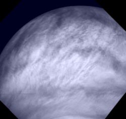 Высококачественные детали облаков Венеры района экватора. Светлые участки образованы повышенной концентрацией серной кислоты.