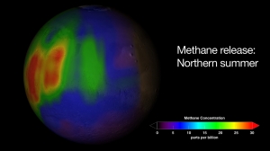Снимок показывает концентрации метана на Марсе. Снимок принадежит НАСА. (кликните картинку для увеличения)