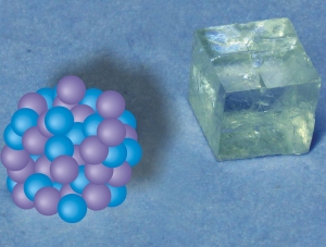 Кристалл и его ранний предшественник: около 70 ионов кальция и карбоната соединяются, образуя не отложения, а устойчивый нанокластер, изображенный на рисунке схематически. Структура кристалла (справа) уже, скорее всего, предопределена в этом кластере. Изображение Денис Гебауэр (Denis Gebauer / Max Planck Institute of Colloids and Interfaces) (кликните картинку для увеличения)