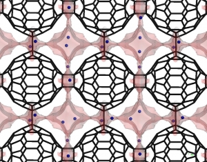 Структура Li<sub>4</sub>C<sub>60</sub>. Черным изображены отрицательные ионы C<sub>60</sub>; синим - свободные ионы лития. Розовым выделено свободное пространство внутри кристаллической решетки, в котором могут перемещаться ионы лития. (кликните картинку для увеличения)