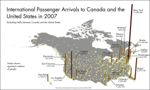 Количество пассажиров, побывавших в Канаде и США в 2007 году (http://www.biodiaspora.net/) (кликните картинку для увеличения)