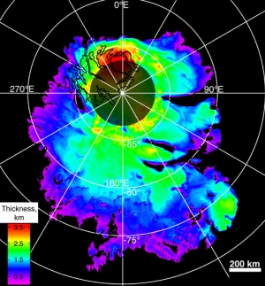 Распределение толщины водяного льда в районе южного полюса Марса. (Рисунок НАСА) (кликните картинку для увеличения)