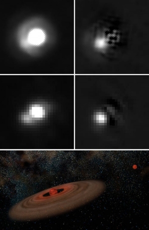 Изображения системы 2M J044144, полученные телескопом Хаббл [наверху] и обсерваторией Джемини [в центре], показывают спутник «на 8-ми часах». По оценкам, масса спутника составляет 5-10 масс Юпитера. Для более четкого демонстрации спутника на правой стороне показаны соответствующие снимки с удалением света от коричневого карлика. На нижнем рисунке представлено изображение системы 2M J044144 в представлении художников НАСА (кликните картинку для увеличения)