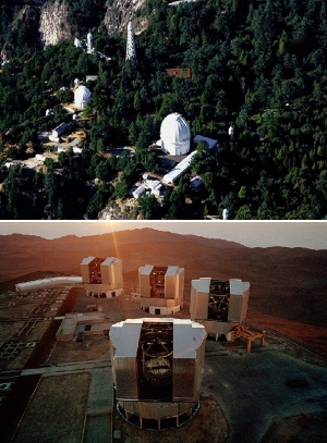 [Наверху] Обсерватории Маунт-Вилсон, Центр Астрономии Высокого Углового Разрешения [CHARA], США. [Внизу] Европейская Южная Обсерватория, Интерферометр Очень Большого Телескопа [VLTI], Чили (кликните картинку для увеличения)