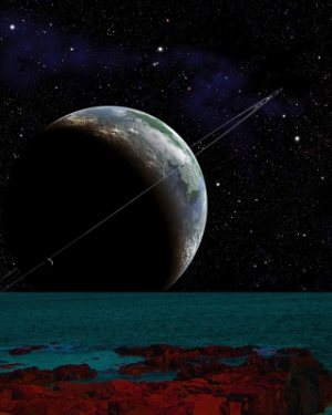 Гипотетическая супер-Земля в обитаемой зоне от звезды. Вид с ее спутника, который имеет атмосферу и водный океан. Оба объекта могут быть обитаемы. (Изображение David A. Aguilar, CfA) (кликните картинку для увеличения)