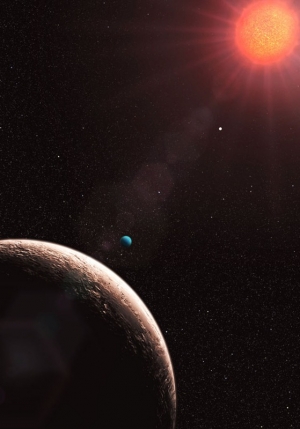 Гипотетическая планета, обращающаяся вокруг AD Leonis [Gliese 388] – красного карлика спектрального класса M, в представлении художников ESO (кликните картинку для увеличения)