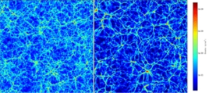Компьютерная модель плотности Вселенной в разные периоды ее развития. (кликните картинку для увеличения)