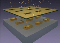Схематическое изображения процесса производства
массива золотых наночастиц на металлической поверхности при помощи
нанотрафарета.