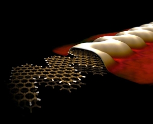 Структурная модель (слева) и трехмерное изображение
созданной учеными зигзагообразной полосы графена (трехмерное изображение
получено методикой сканирующей туннельной микроскопии). (кликните картинку для увеличения)