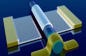 Трехмерная модель высокоскоростного графенового транзистора, созданного
учеными. (кликните картинку для увеличения)