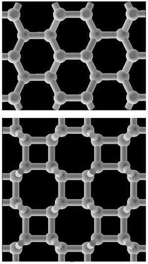 Сравнение кристаллических структур графита (сверху) и нового bct-углерода (снизу). (кликните картинку для увеличения)