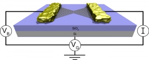 Предложенная учеными схема полевого транзистора из графена и золотых
нанопроводов. (кликните картинку для увеличения)