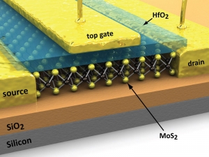 Трехмерная модель, отражающая структуру первого
реализованного на практике транзистора на базе мономолекулярного листа
молибденита. (кликните картинку для увеличения)