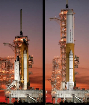 Система Space Shuttle и ракета-носитель тяжелого класса на основе ее элементов в представлении художников НАСА (кликните картинку для увеличения)