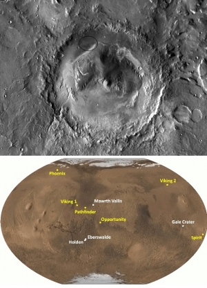 Район посадки Mars Science Laboratory в кратере Гейл и расположение кратера на Марсе. (Изображение НАСА) (кликните картинку для увеличения)
