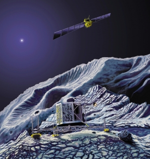 2 марта 2004 года РН Ariane 5 была запущена миссия ЕКА Rosetta. Это первая миссия, сконструированная для выхода на орбиту вокруг кометы и для посадки на нее аппарата. Главной целью миссии является комета 67P/Чурюмова — Герасименко, к которой Rosetta подойдет в 2014 году. (Изображение ЕКА) (кликните картинку для увеличения)