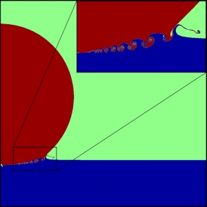 Вихри, формирующиеся на границе двух жидкостей при падении капли. (кликните картинку для увеличения)