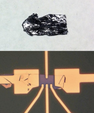 Кристалл молибденита, а также изготовленный на основе тонкой пленки дисульфида молибдена полевой транзистор. (кликните картинку для увеличения)