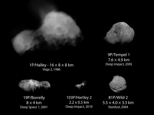 Изображение ядер комет, полученные различными межпланетными станциями. (Изображение: Роскосмос/NASA) (кликните картинку для увеличения)