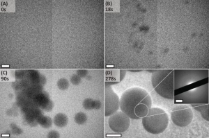 Изображения процесса формирования кристаллов карбоната кальция, полученные при помощи просвечивающего электронного микроскопа. (кликните картинку для увеличения)